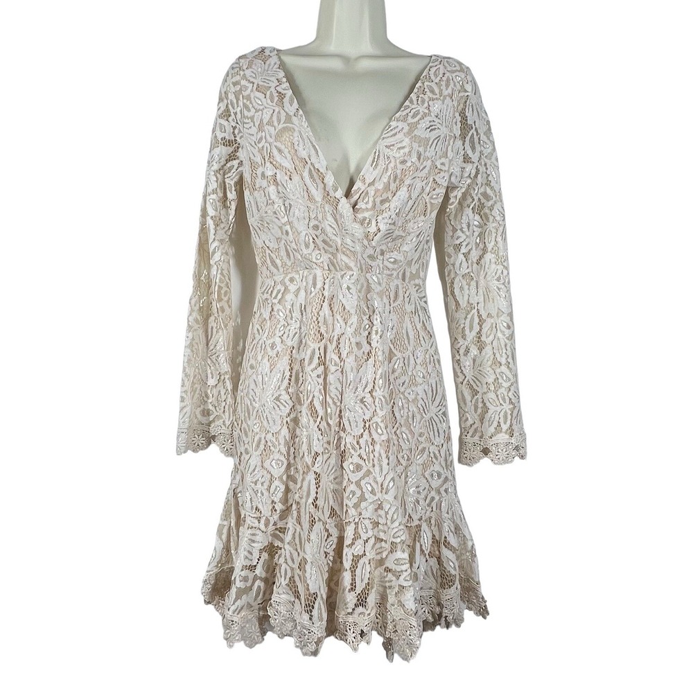 Lace V-Neck Mini Dress in Cream